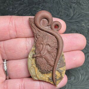 Bear With a Fish Jasper Pendant Bead Mini Art Cabochon
